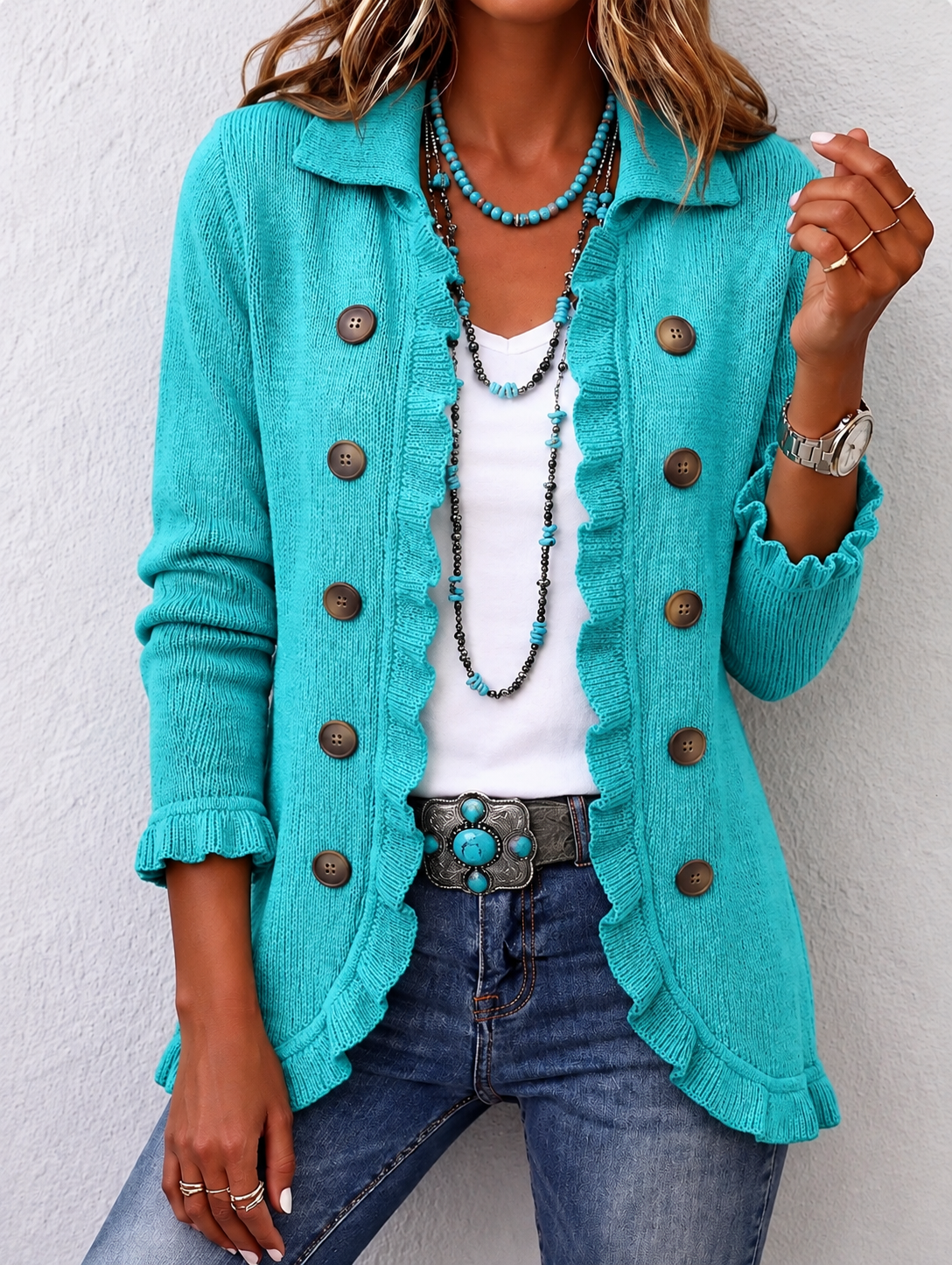 Maribel knit ruffle jacket in turquoise, front view worn open with jeans