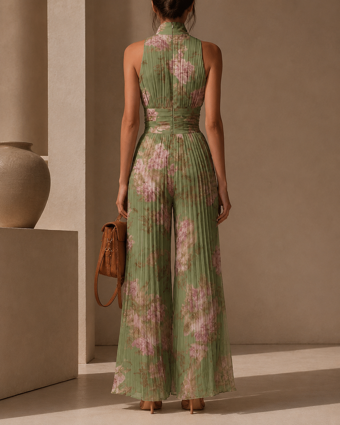 Caelia pleated jumpsuit in green floral, back view