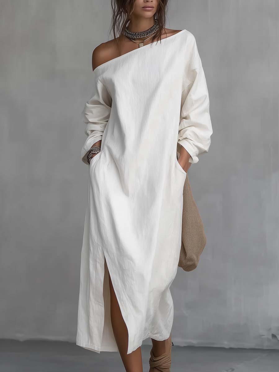 One shoulder midi dress in white, full-length front view with side split