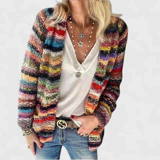 Fianna multicoloured knit cardigan in red, worn open over a white camisole