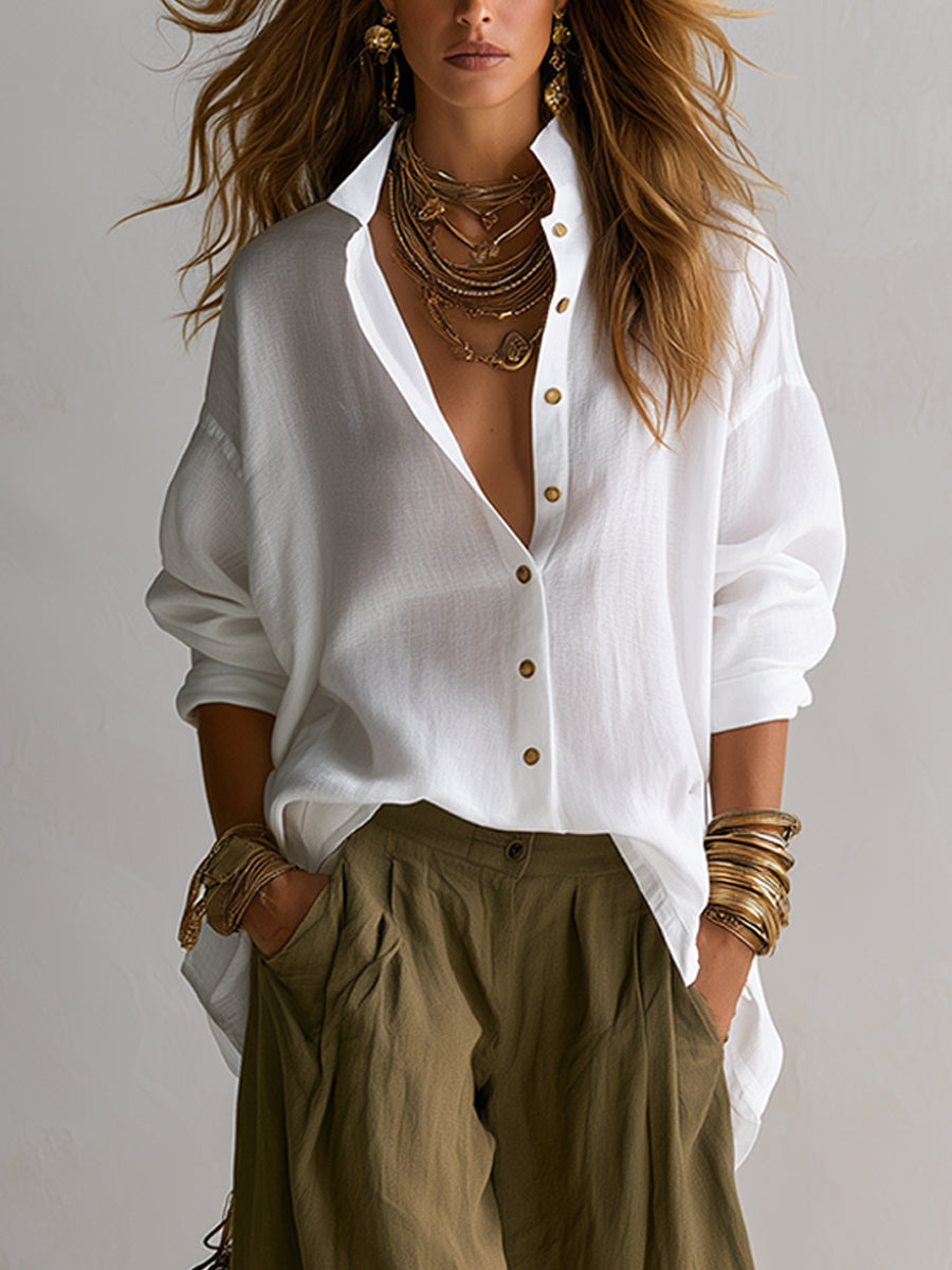 Capucine relaxed blouse in white, close view of collar and buttons