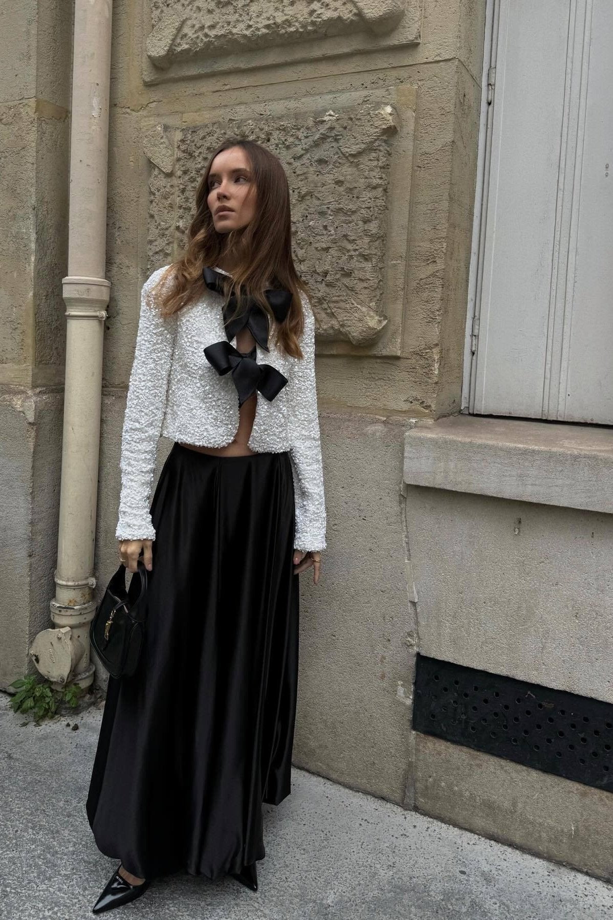 Anwen cropped sequin blouse in cream, full-length street styling