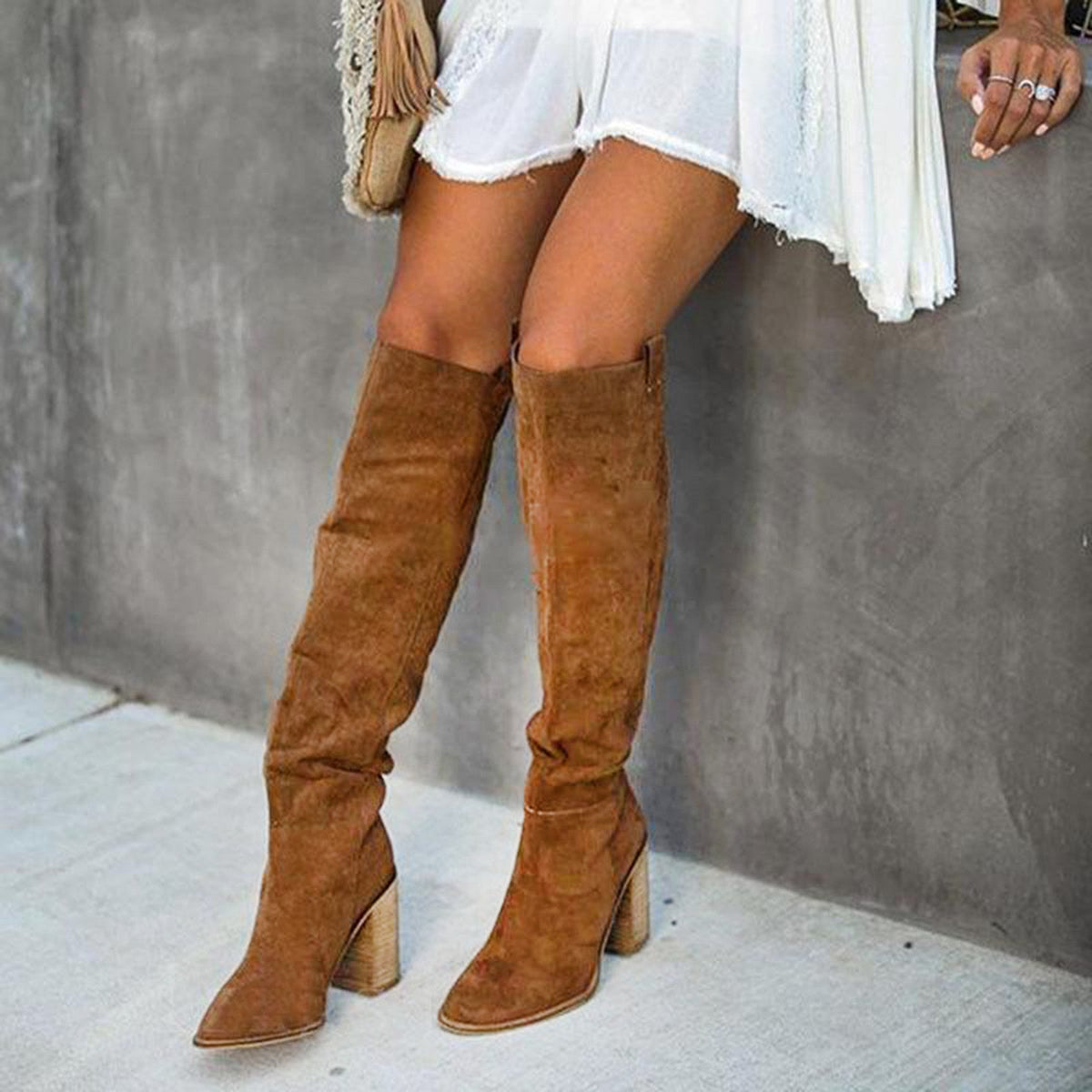 Fern knee-high boots in brown, full front view on model