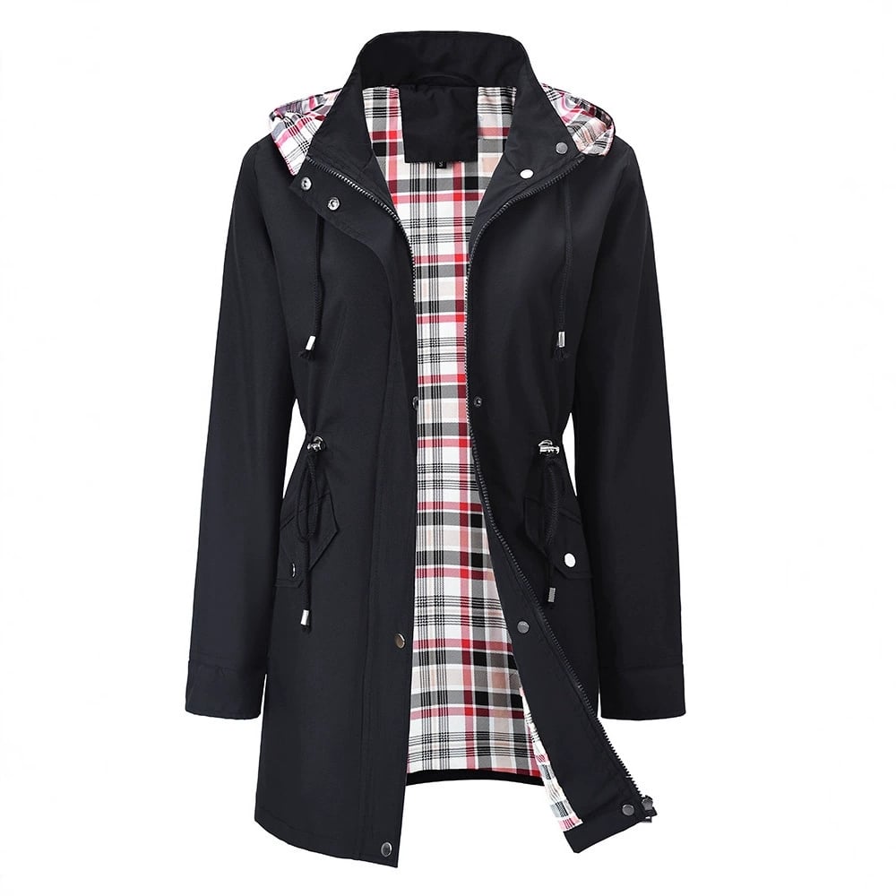 Carlotta 3-in-1 raincoat in black, front view with check lining
