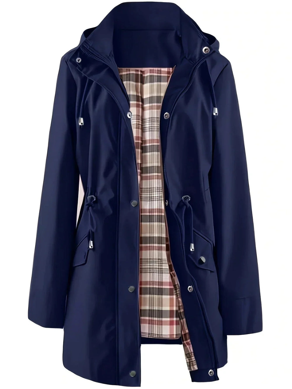 Carlotta 3-in-1 raincoat in navy blue, front view with check lining