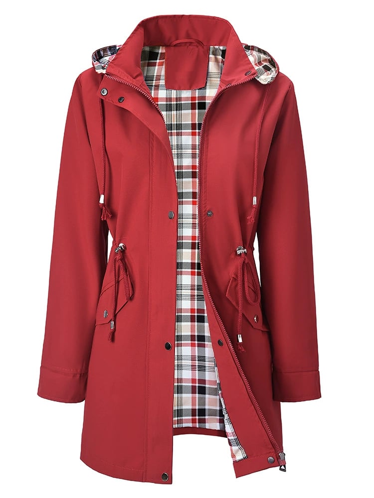 Carlotta 3-in-1 raincoat in red, front view with check lining