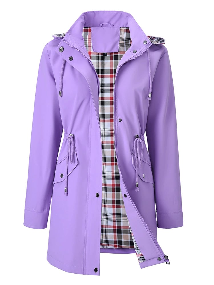 Carlotta 3-in-1 raincoat in purple, front view with check lining