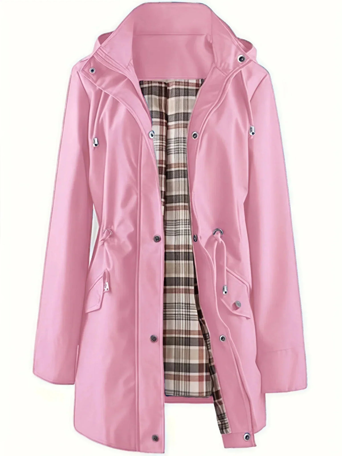 Carlotta 3-in-1 raincoat in pink, front view with check lining