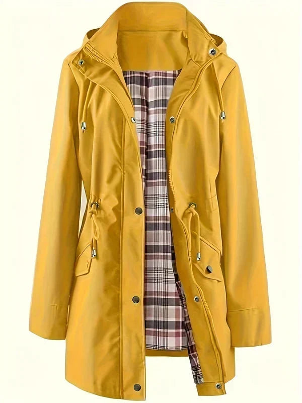 Carlotta 3-in-1 raincoat in yellow, front view with check lining