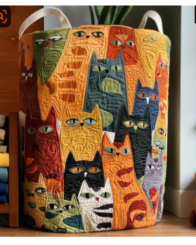 Cecilia hand-quilted laundry basket with colourful cat pattern and fabric handles
