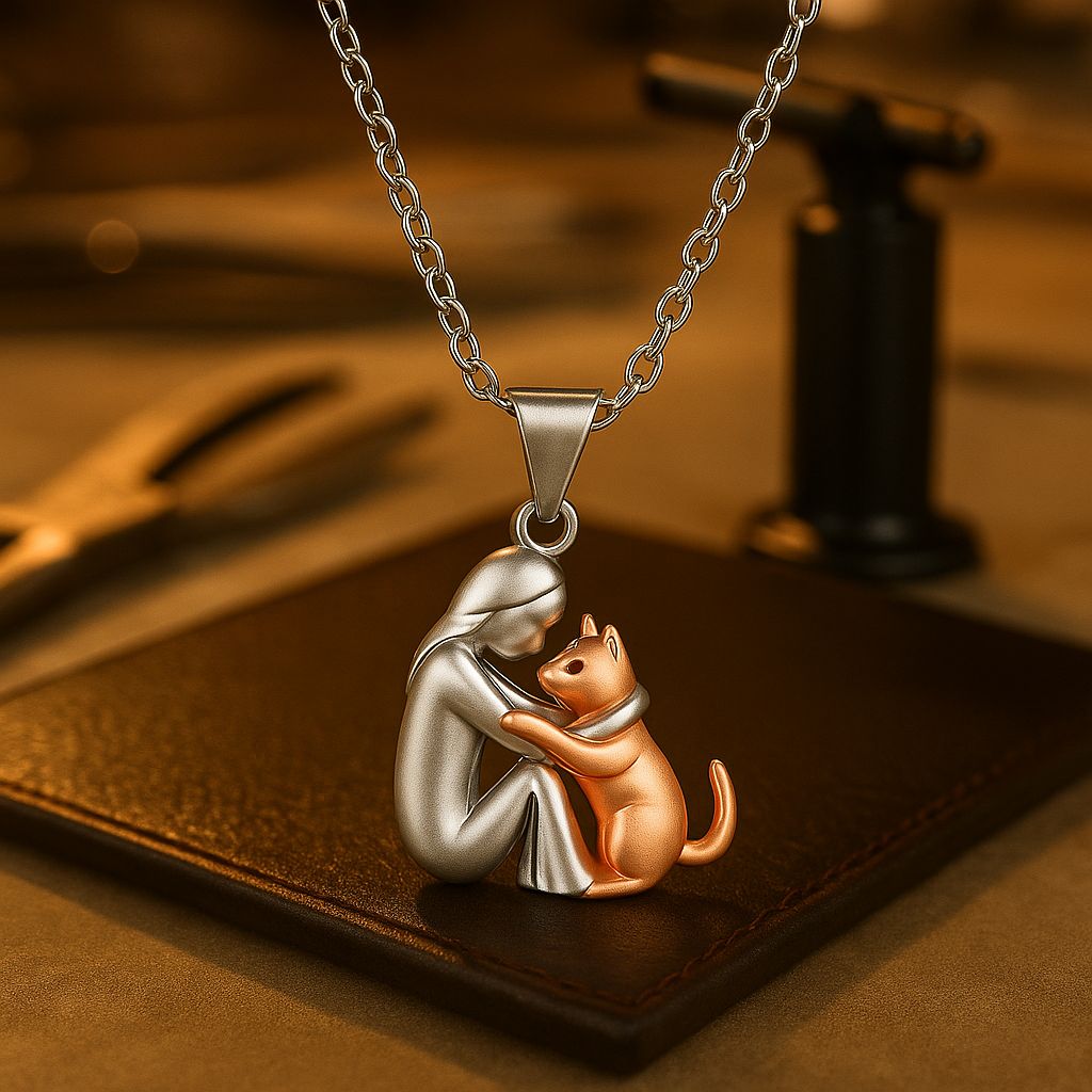 Islara cat-shaped pendant necklace shown on a leather workbench