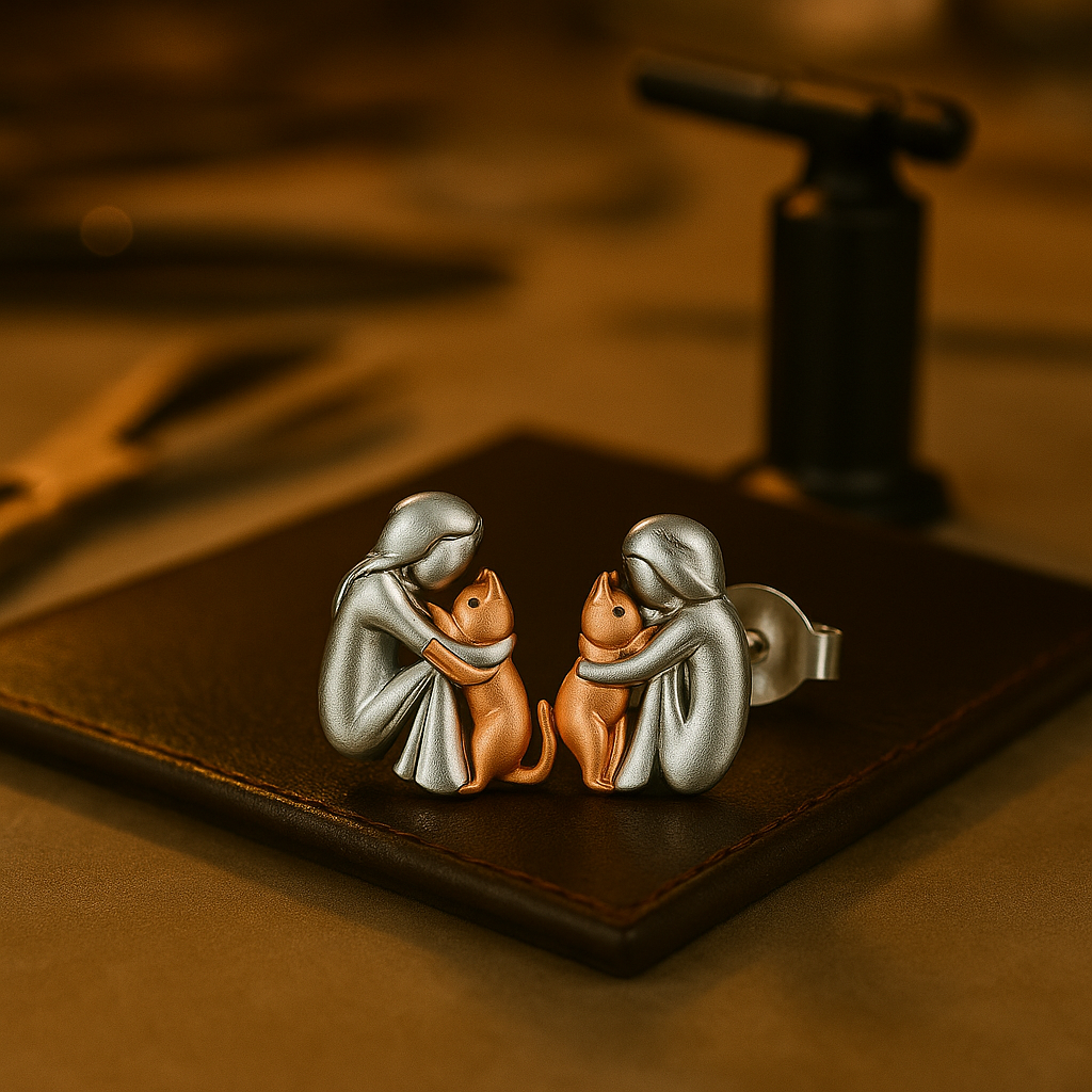 Avelien cat earrings in silver and rose gold on a leather workbench pad