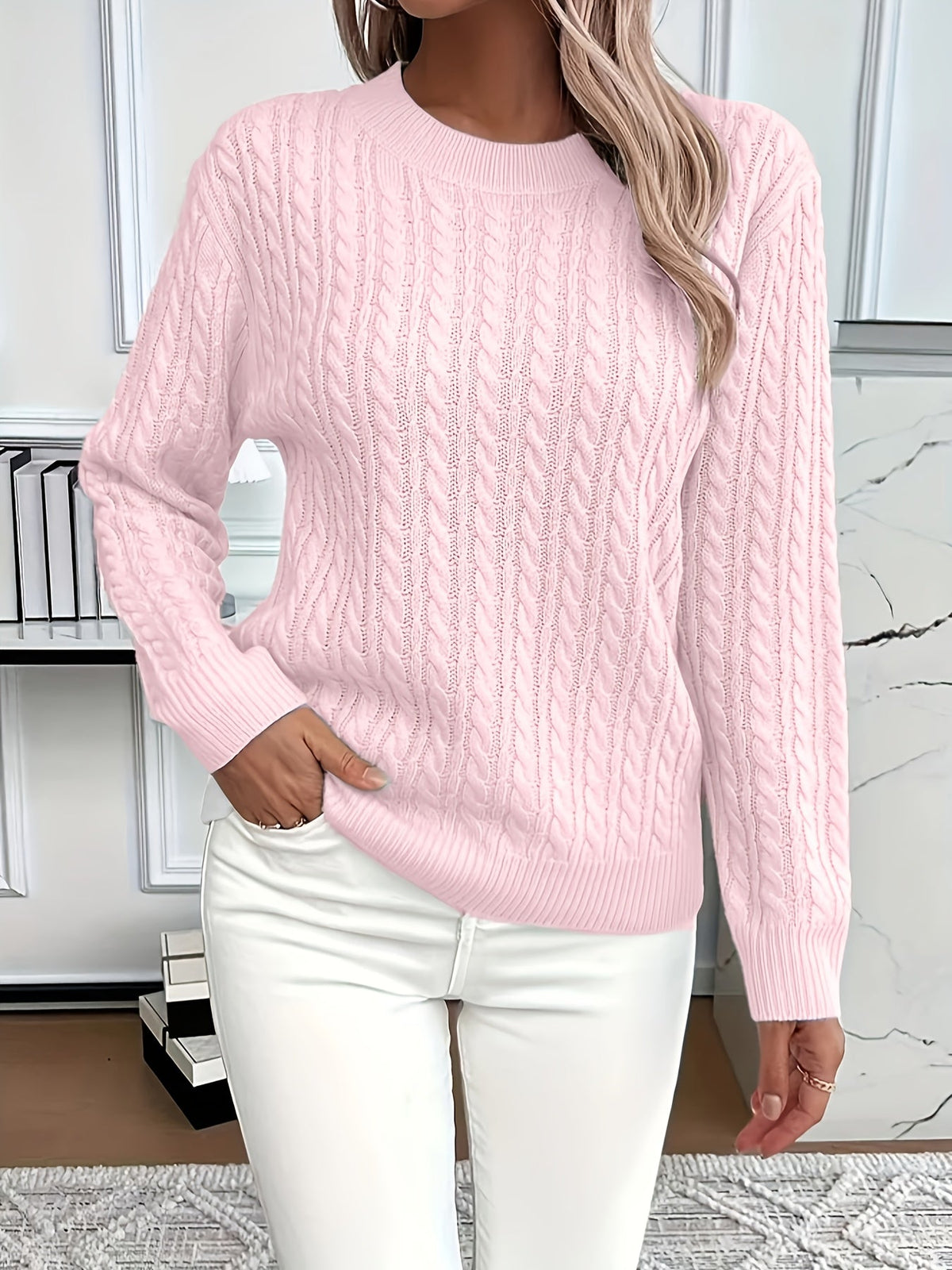 Bernila cable knit jumper in pink, full front view
