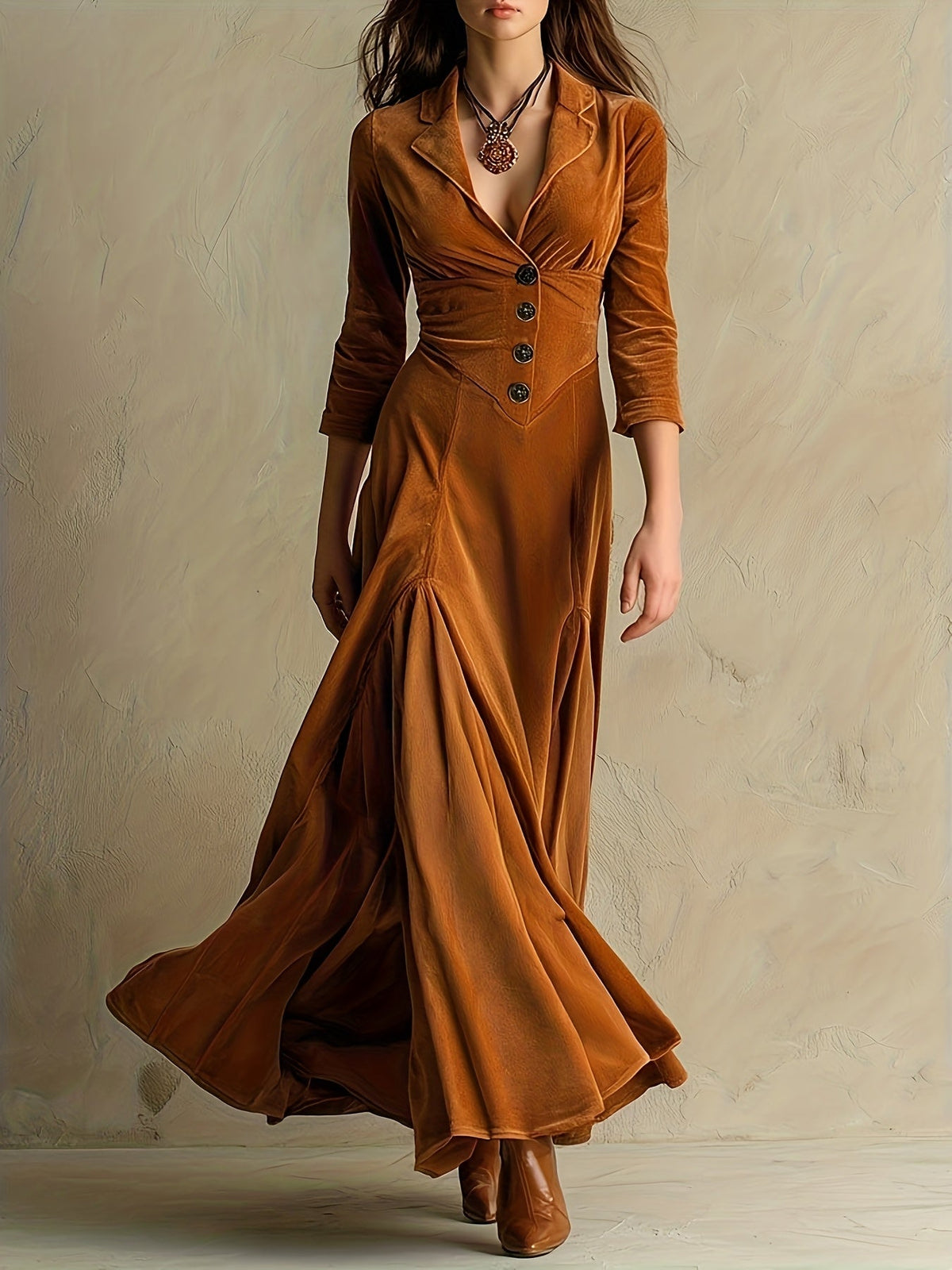 Elowenna button-front maxi dress in caramel brown, full-length front view