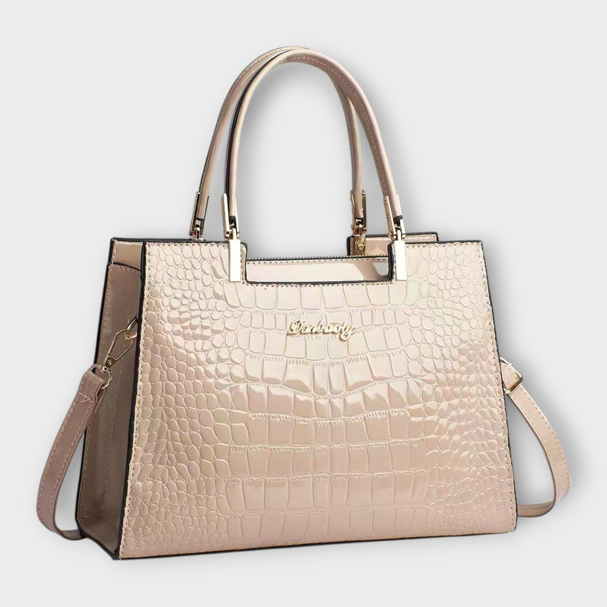 Maison Verdelle croc-effect handbag in khaki, front three-quarter view