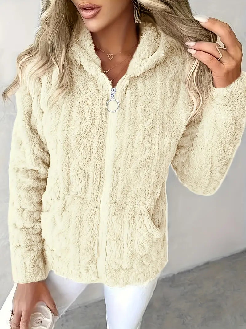Ruth classic zip-up hoodie in beige, front view on model