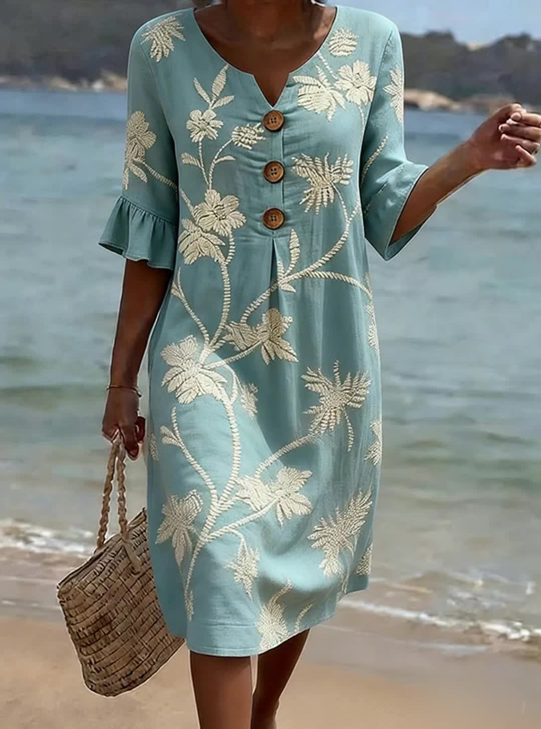 Casual floral print dress in blue with cream flowers, full-length front view