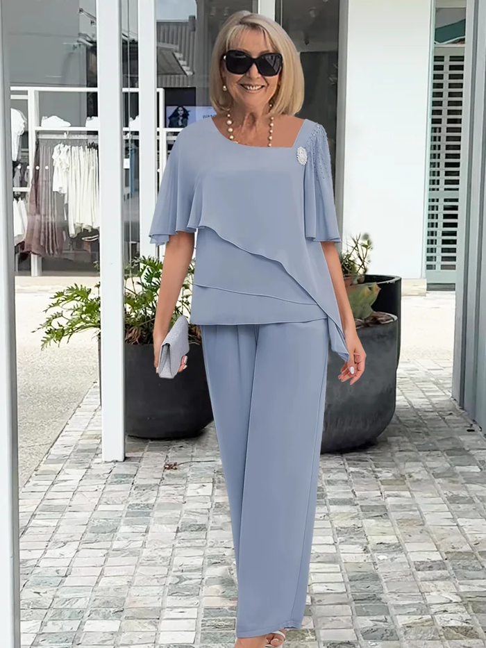 Carol elegant two-piece set in light blue, full-length front view
