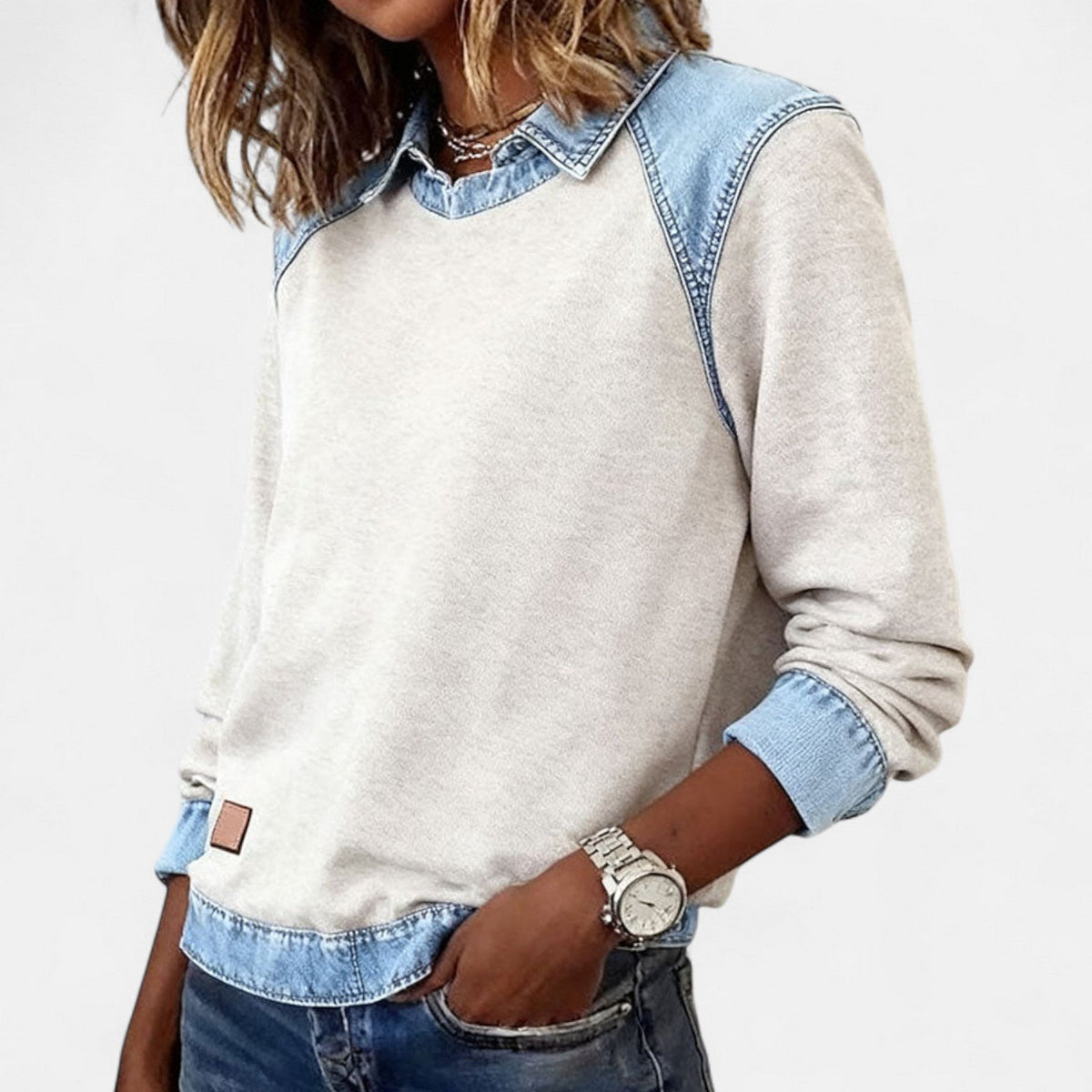 Zailah collared sweater in beige, three-quarter front view