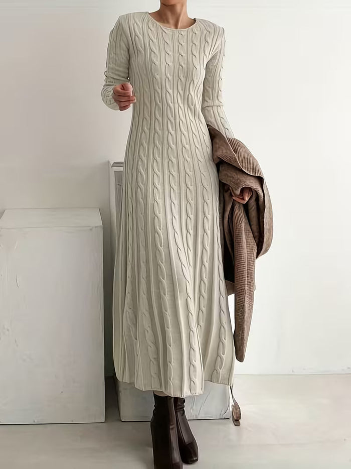 Vanessa elegant long cable-knit dress in apricot, full-length front view