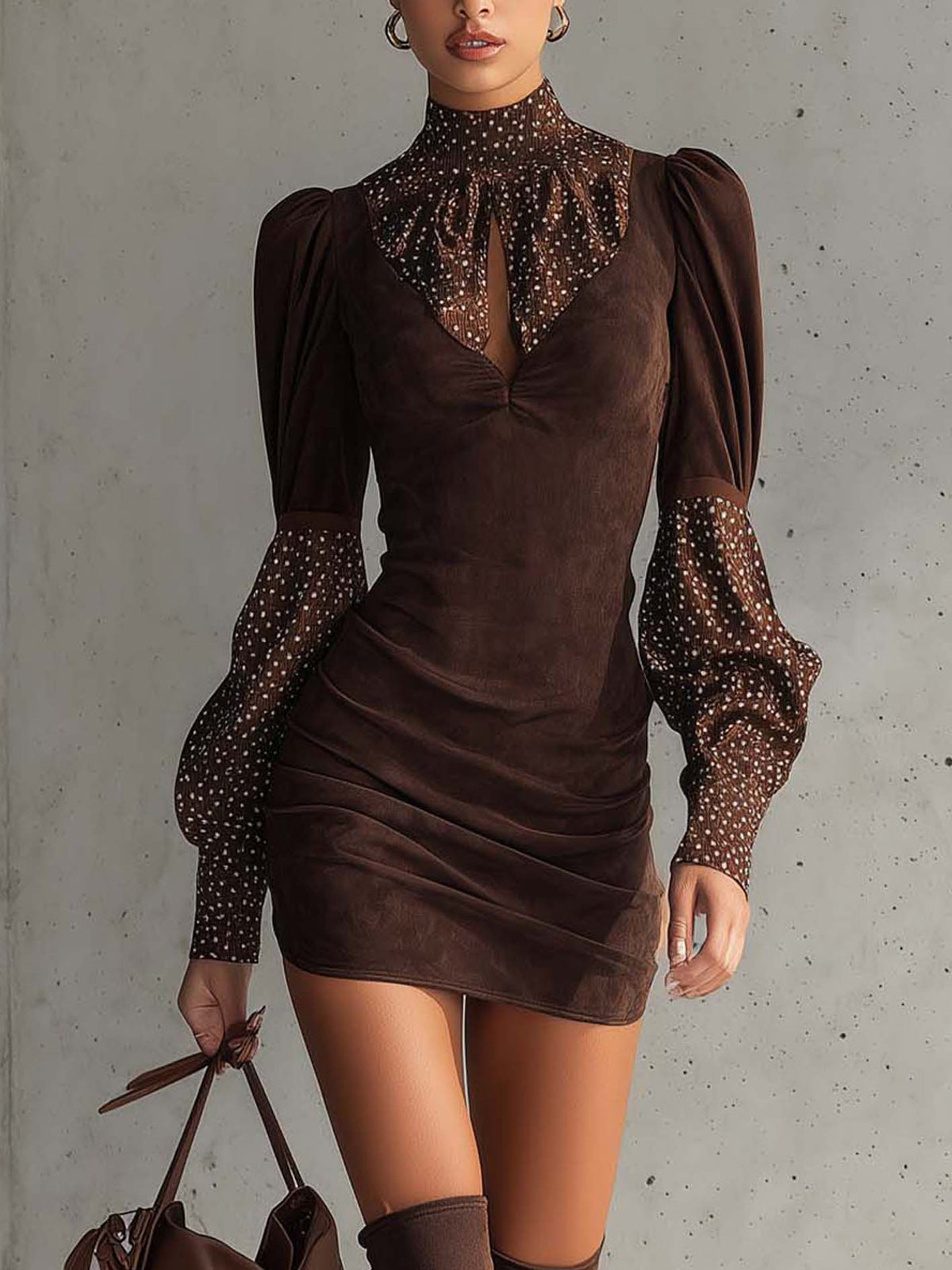 Paully suede bodycon mini dress in brown, three-quarter front view