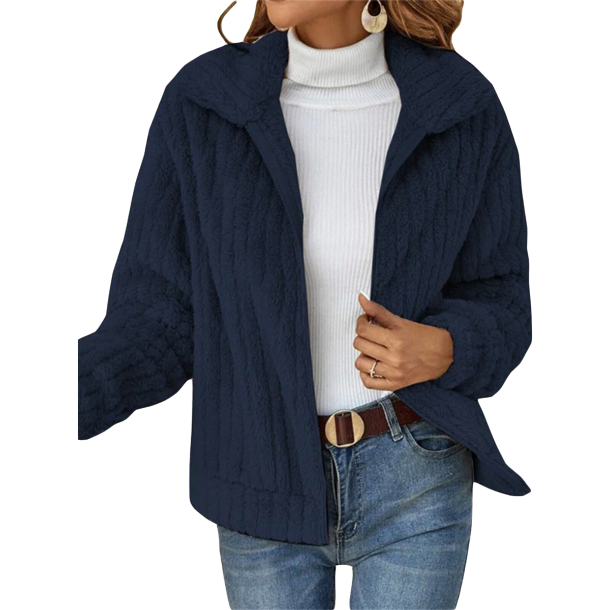Sybil fleece winter jacket in navy blue, full front view