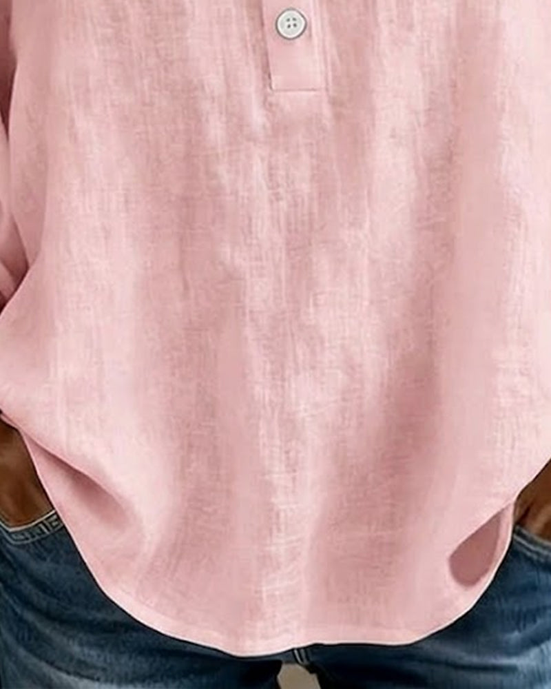 Elodie blouse in pink, close view of placket and curved hem