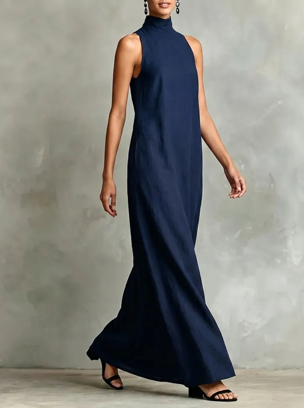 Chrissy maxi dress in navy blue, three-quarter front view