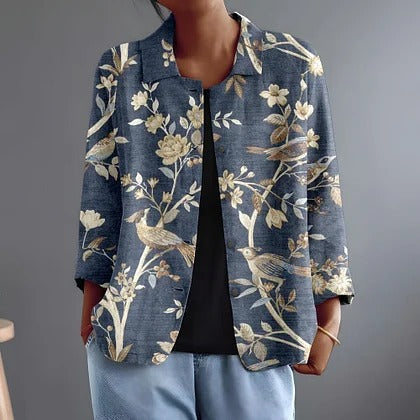 Oriella blouse in washed blue with cream and gold floral print, close front view