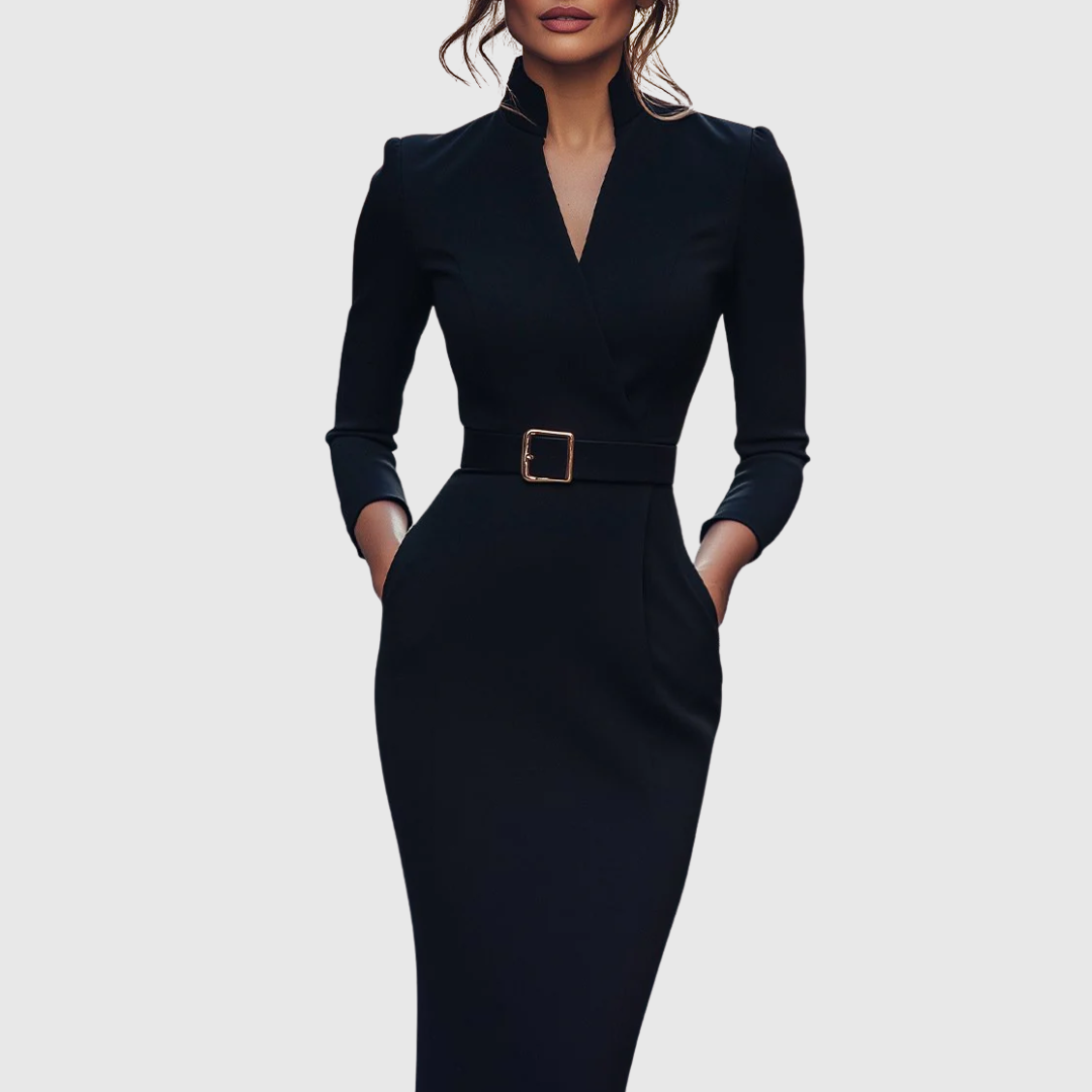 Claribel refined midi dress in navy, front view with square buckle belt