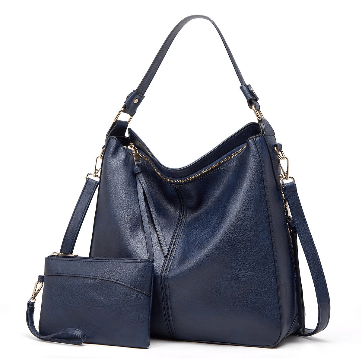 Edith vintage shoulder bag in navy blue with matching pouch, front view