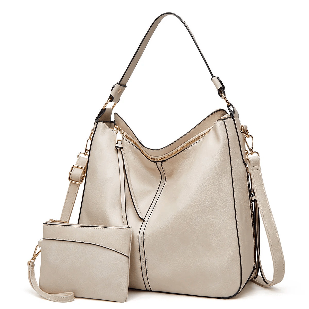 Edith vintage shoulder bag in beige with matching pouch, front view