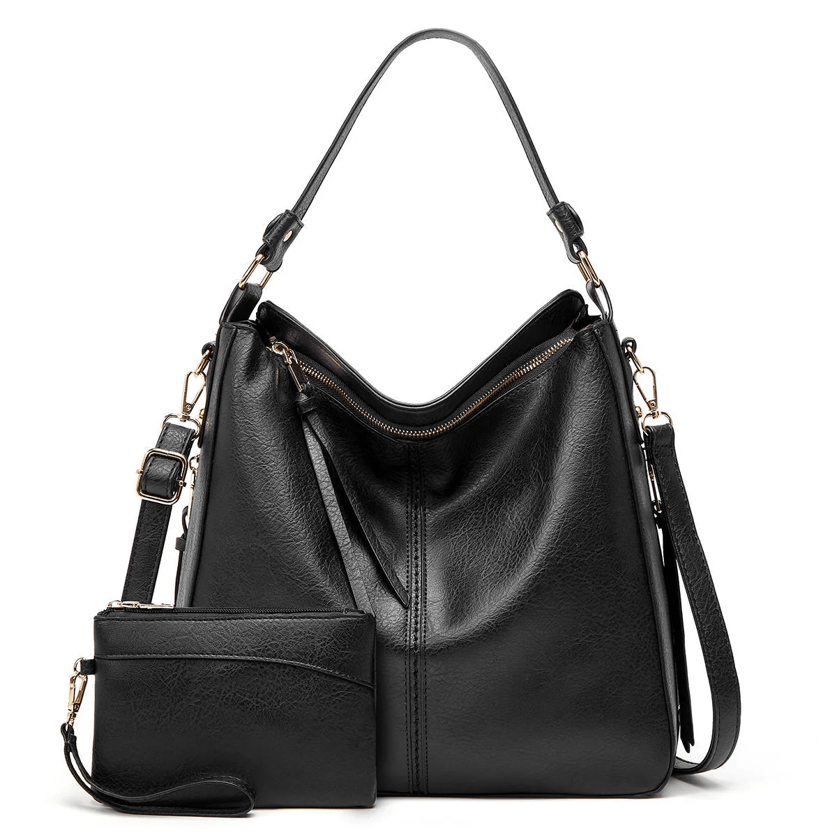 Edith vintage shoulder bag in black with matching pouch, front view
