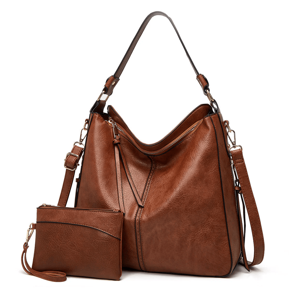 Edith classic vintage bag in brown with matching pouch, front view