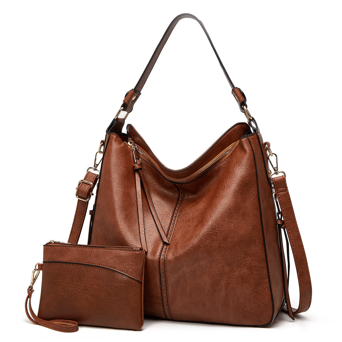 Edith classic vintage bag in brown with matching pouch, front view