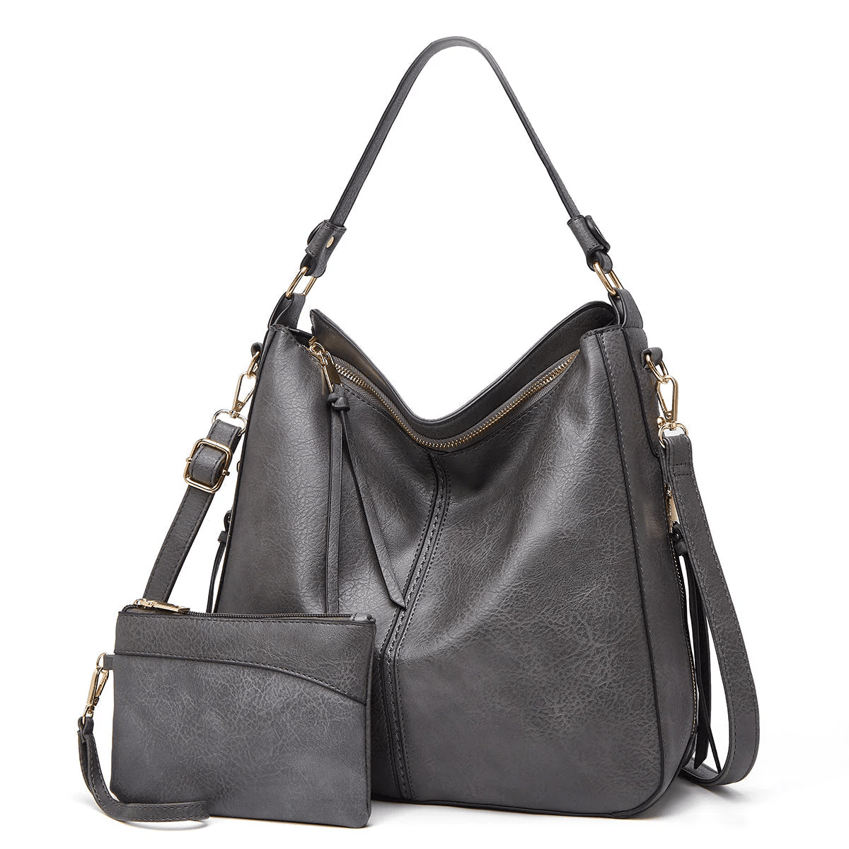 Edith vintage shoulder bag in grey with matching pouch, front view