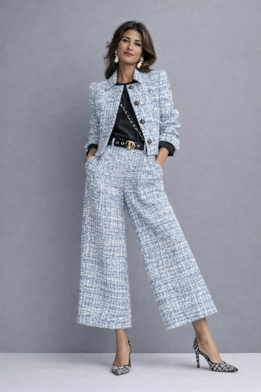 Lucia two-piece tweed set in blue and white, full-length front view
