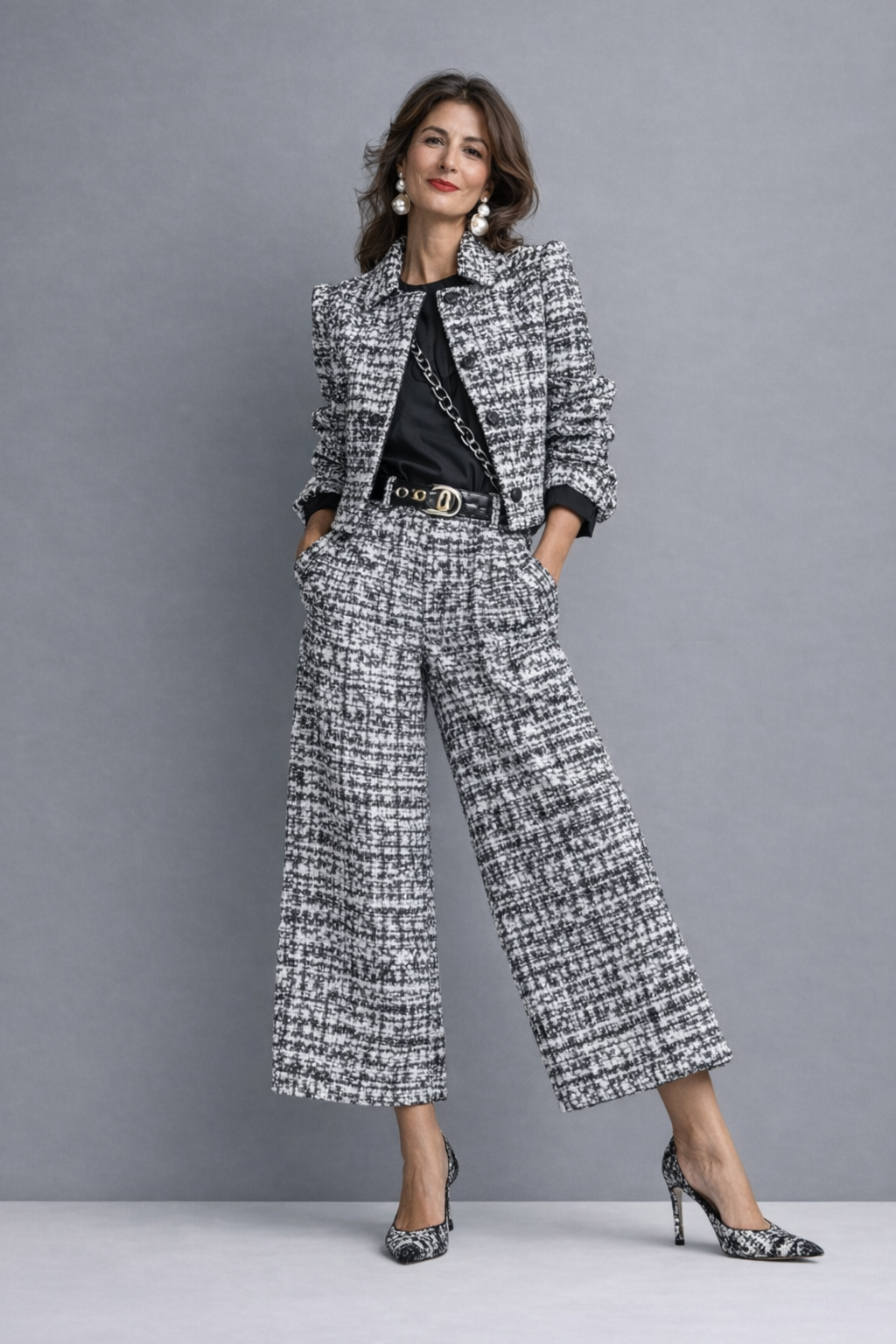 Lucia cropped jacket and wide-leg trousers in black and white tweed, front view
