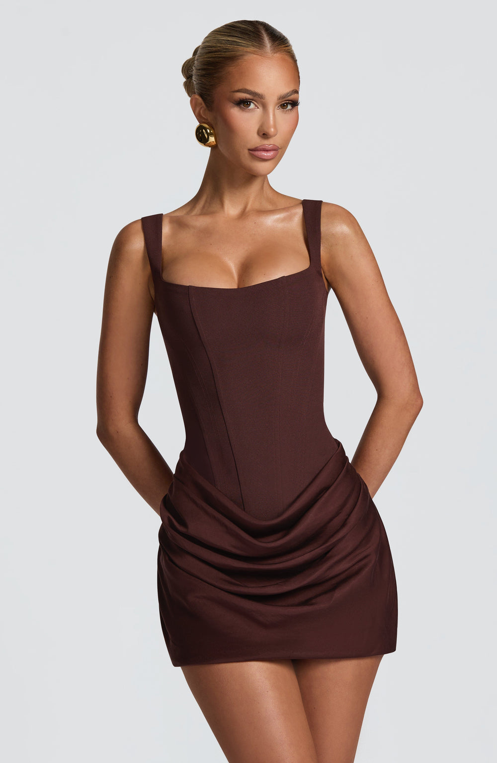 Cornelia plum brown mini dress, front view with square neckline