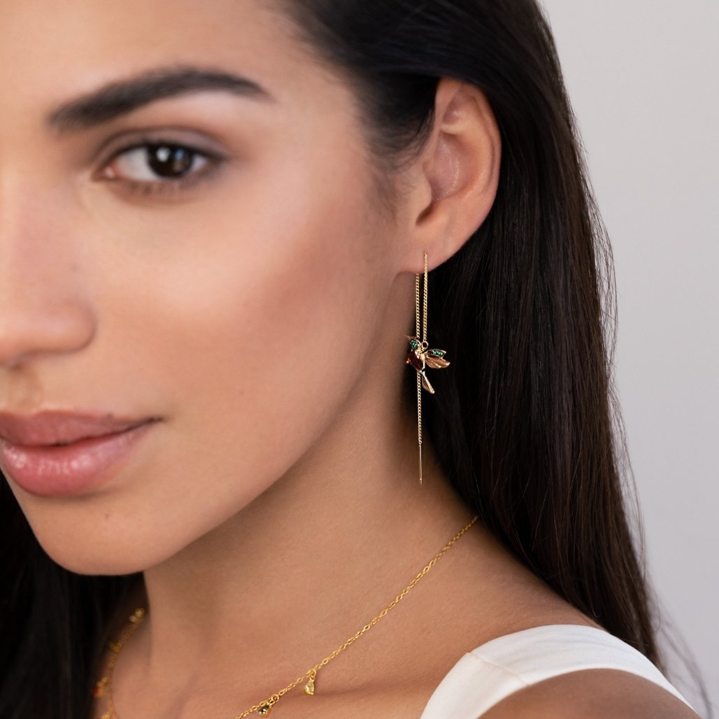 Stefanie gold earrings in gold, worn by model, three-quarter view