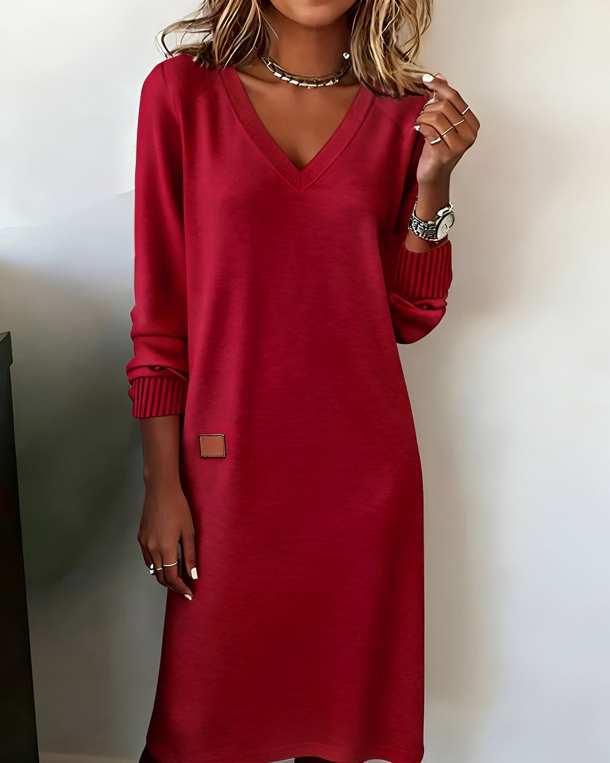 Joanna long-sleeve dress in red, front view on model
