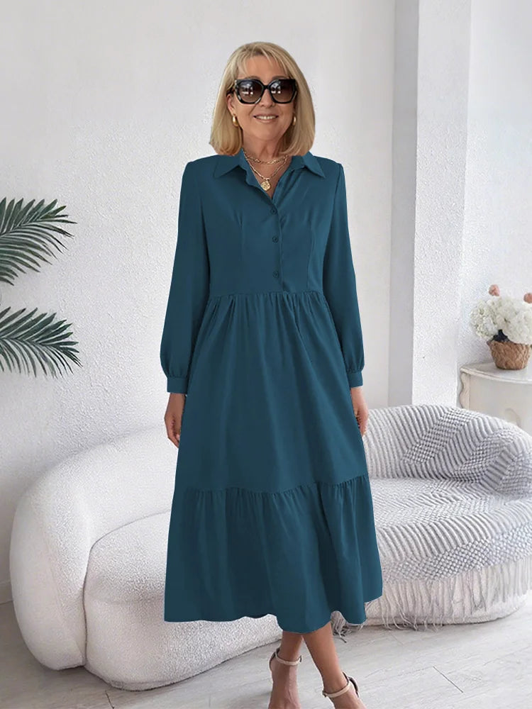 Sophia ruffle shirt dress in navy, full-length front view