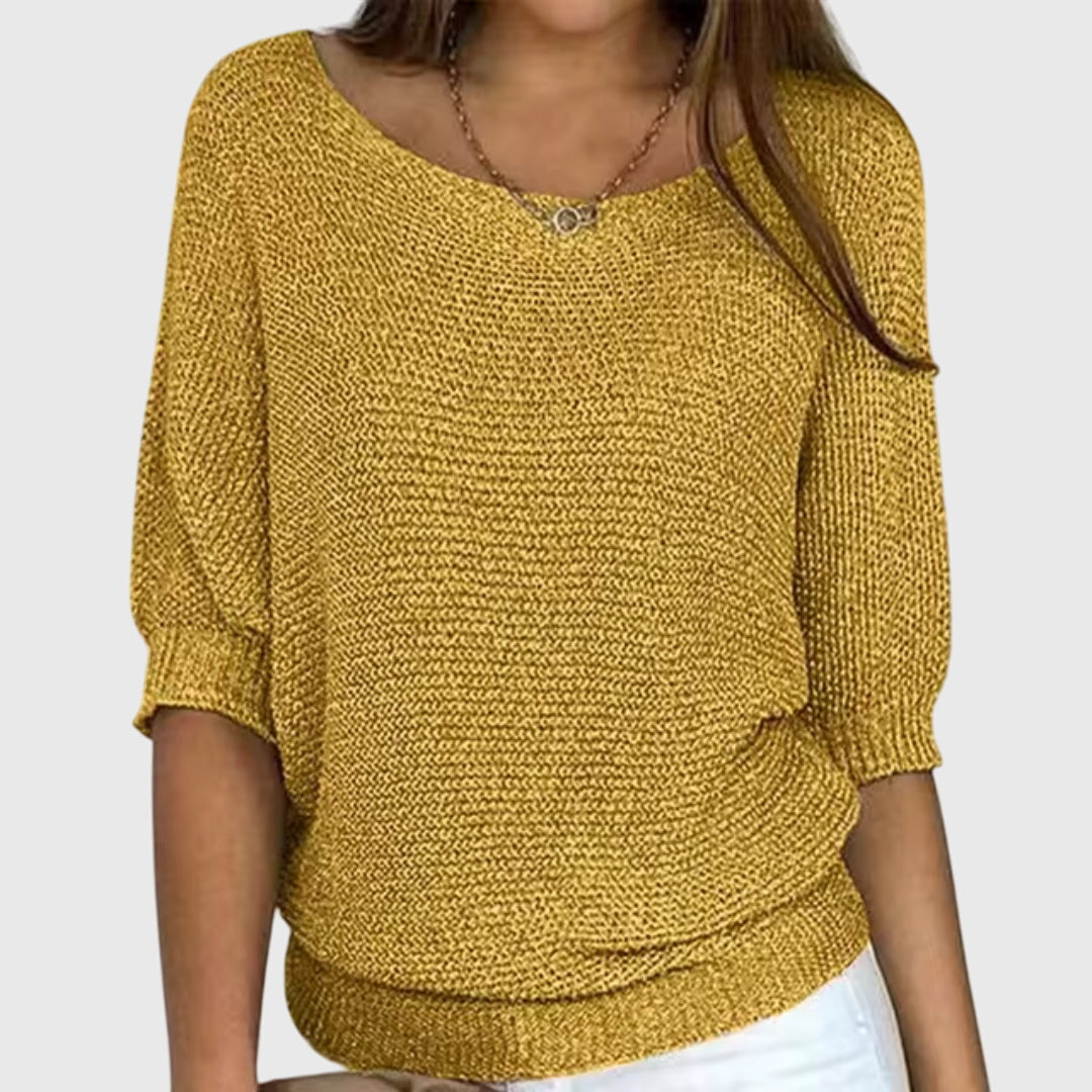 Sofia elegant knit sweater in yellow, front view