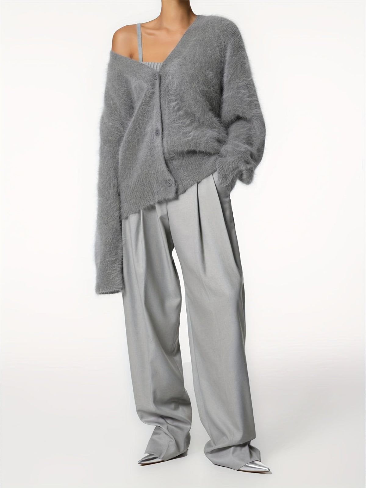 Seriavi V-neck cardigan in grey, full-length styled view