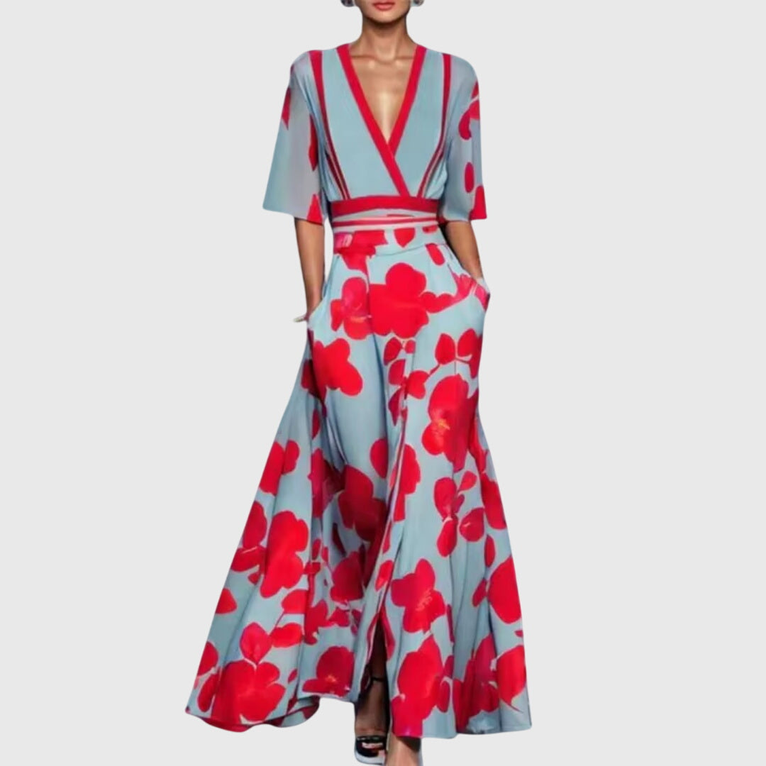 Candice floral maxi dress in pale blue with red blooms, front view
