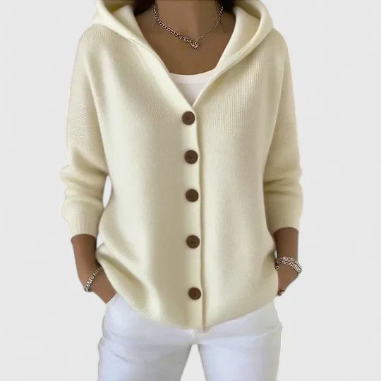 Sylvette hooded cardigan in beige, front view
