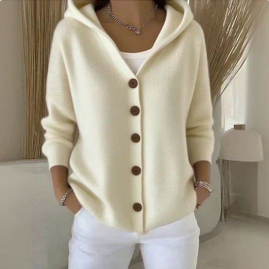 Rocío hooded knit cardigan in beige, front view with wood-tone buttons