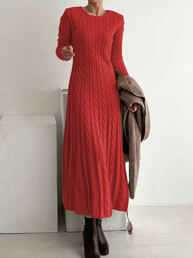 Samara elegant long cable-knit dress in red, full-length front view