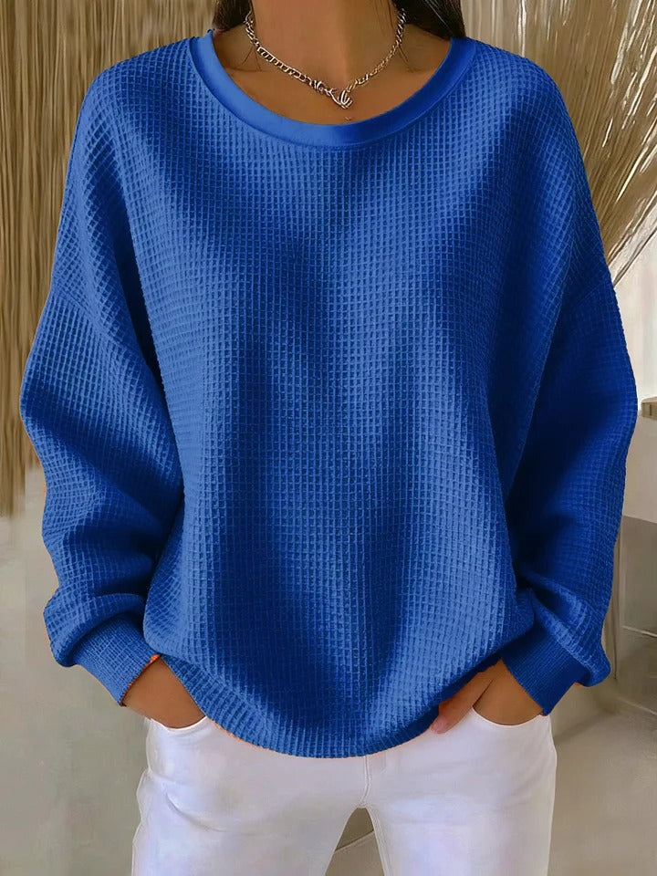 Kelsey waffle-knit sweater in blue, front view