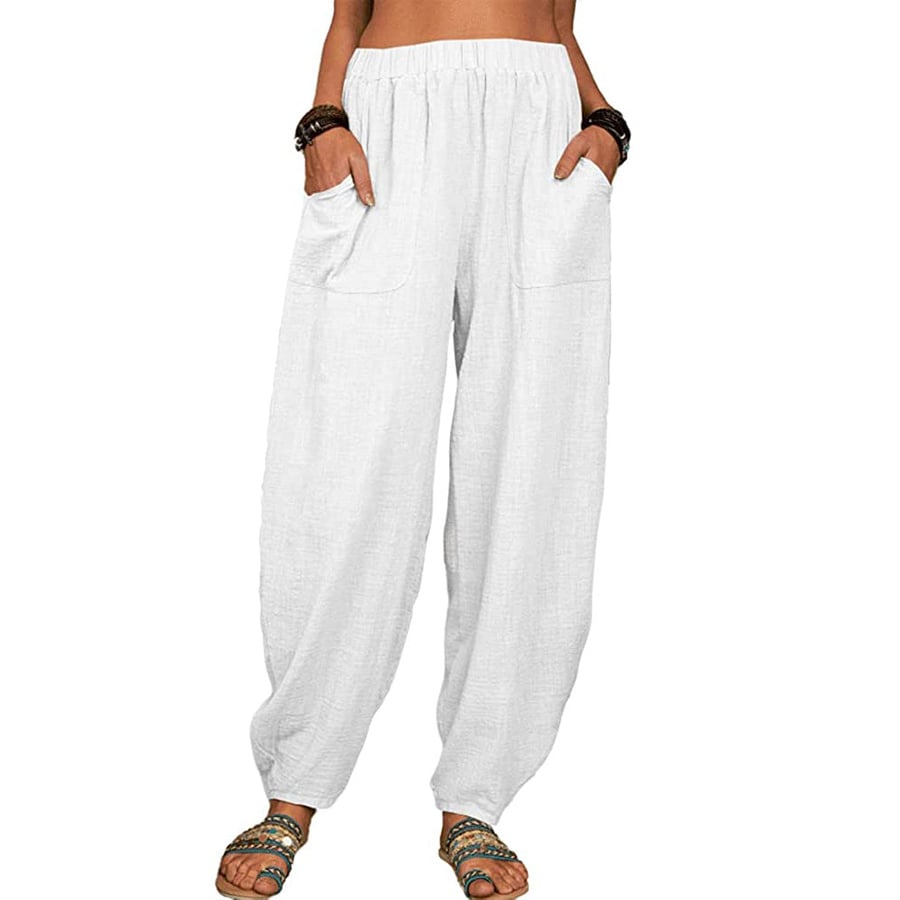 Elviane casual harem pants in white, front view with patch pockets